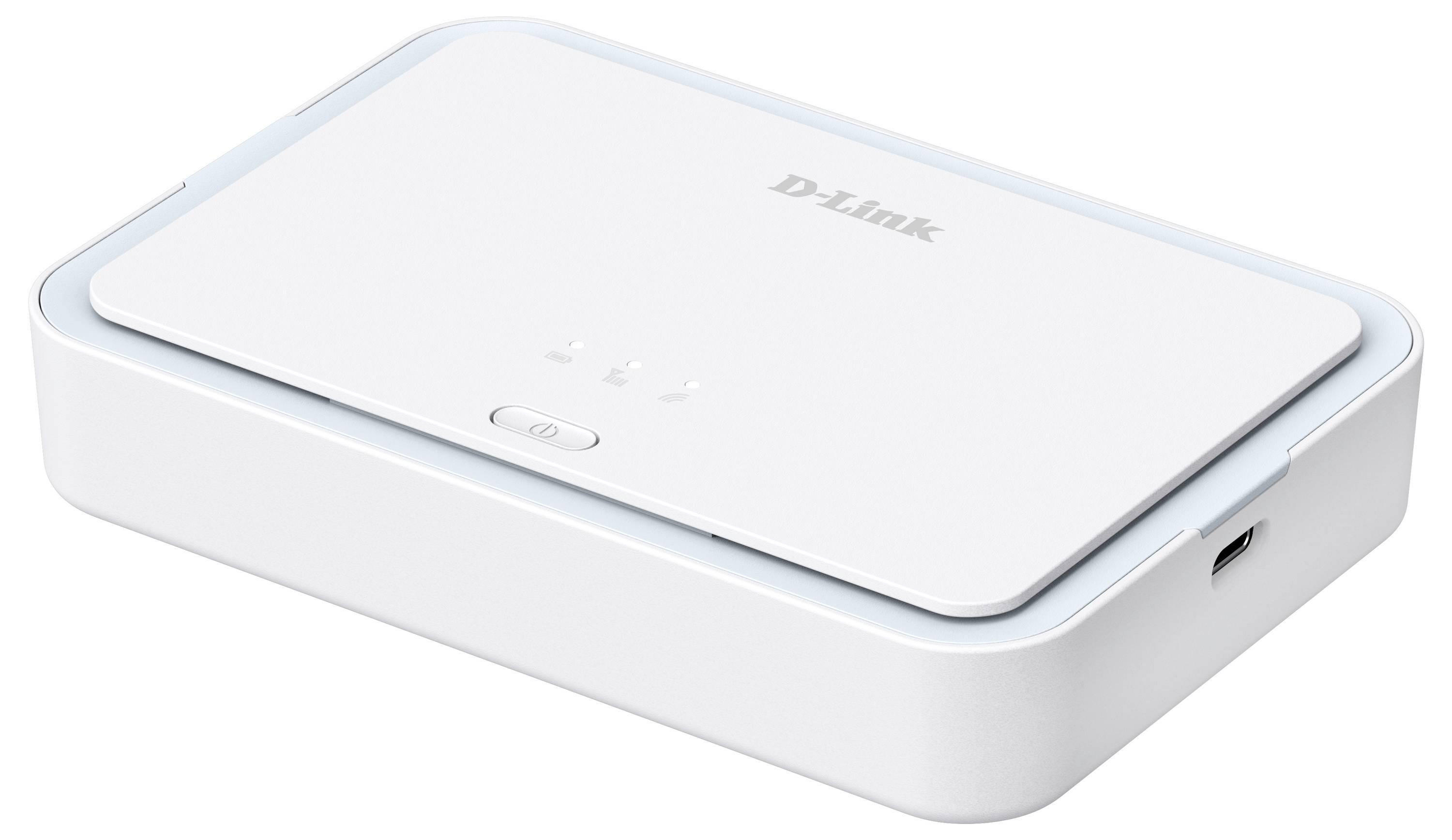 Wit D-Link netwerkapparaat met een enkele aan-uitknop en indicatorlampen, weergegeven in een driekwartweergave.