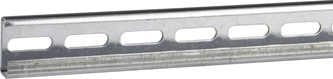 Een zilveren metalen gleufkanaal met langwerpige ovale gaten, in close-up tegen een witte achtergrond weergegeven.