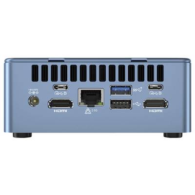 Achteraanzicht van een blauwe mini-pc met poorten: voeding, HDMI, USB-C, Ethernet, twee USB-A 3.0 en een andere HDMI.