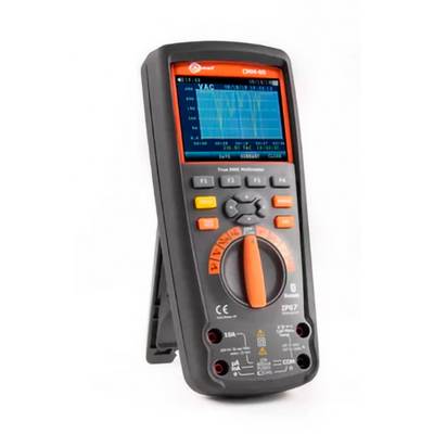 Een handheld digitale multimeter in een standaard, met een blauw scherm dat golfvormen en meetwaarden weergeeft.