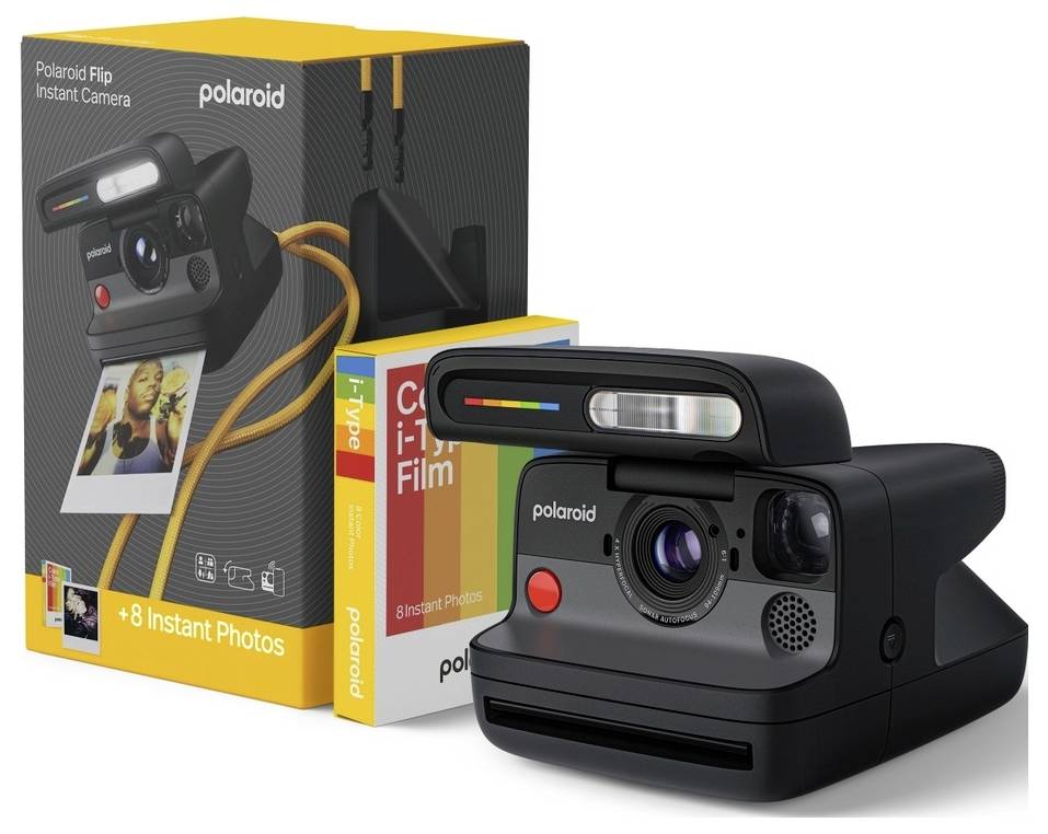 Polaroid Flip instant camera met filmverpakking en verpakking, toont de camera en afgedrukte directe foto.