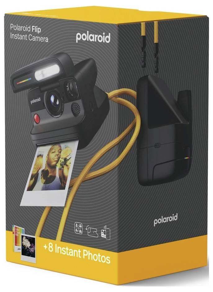 Polaroid Flip instant camera doos met afbeelding van de camera en film, met tekst 'Instant Camera' en '+8 Instant Photos'.