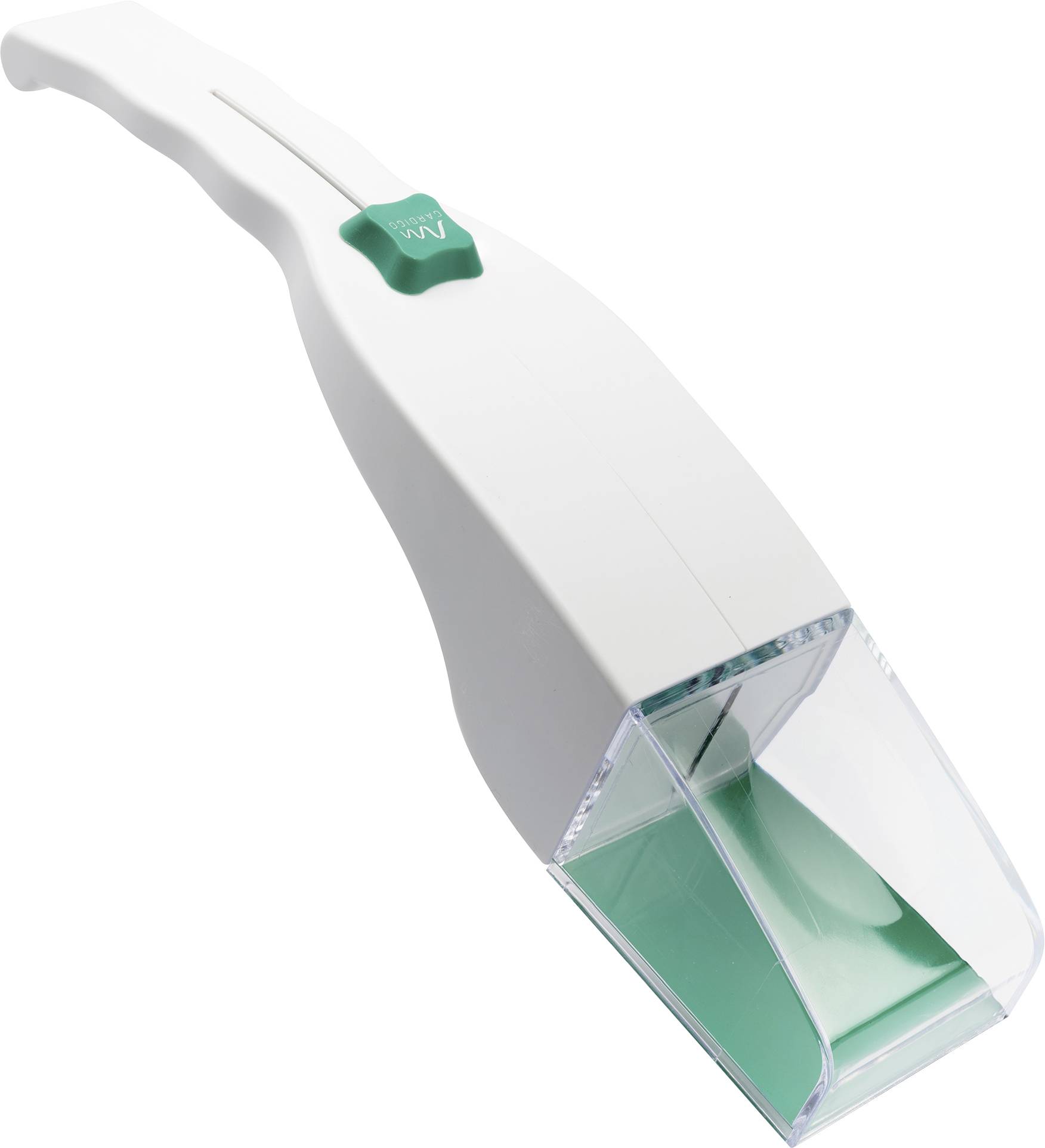 Wit handheld tandreiniginigingsapparaat met een groene 'water'-knop en duidelijke nozzle-tip op een effen achtergrond.