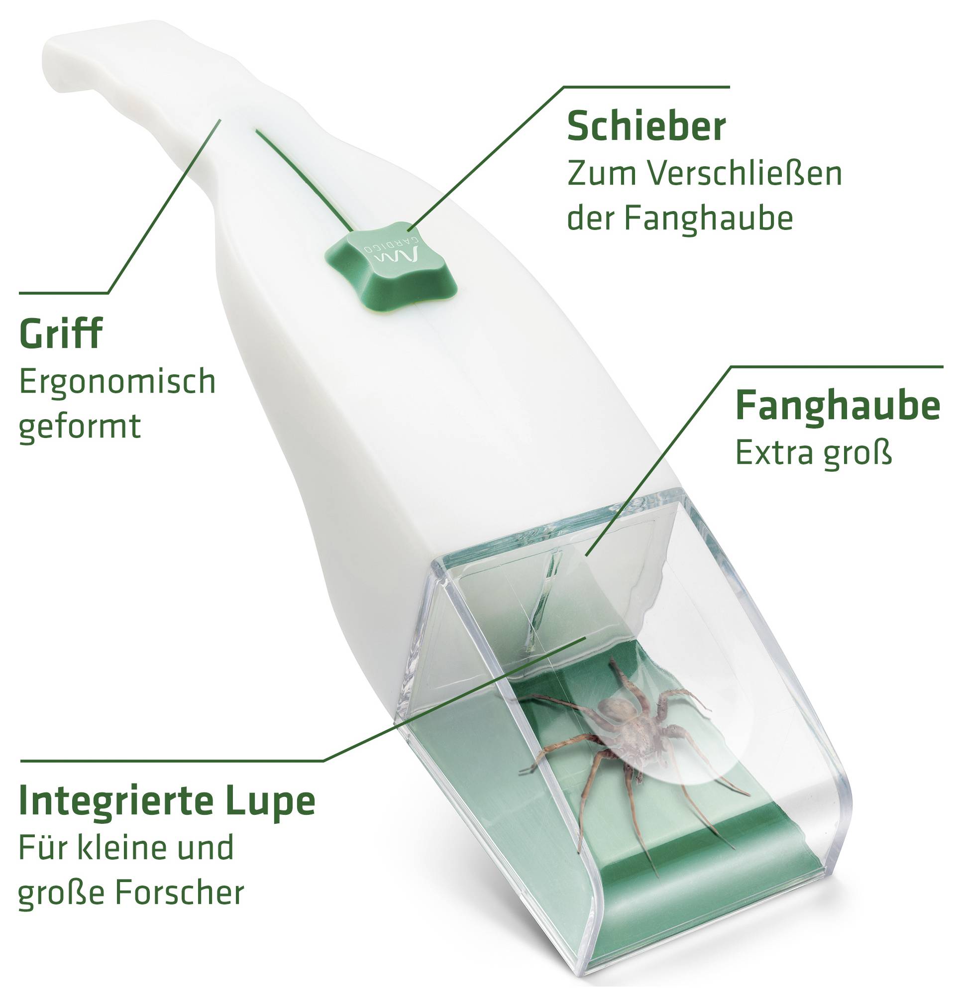 Insectenvangapparaat met vergrootglas en schuif; gelabelde onderdelen tonen ergonomische greep, extra grote vangkap en geïntegreerd vergrootglas voor kleine en grote onderzoekers.