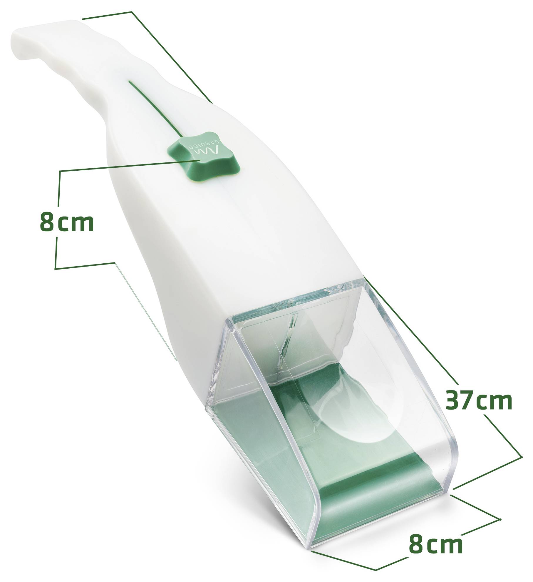 Wit handheld reinigingsgereeedschap weergegeven in perspectief met aangegeven afmetingen van 37 cm lang en 8 cm breed/hoog, voorzien van een doorzichtige voortank en groene bedieningsknop.