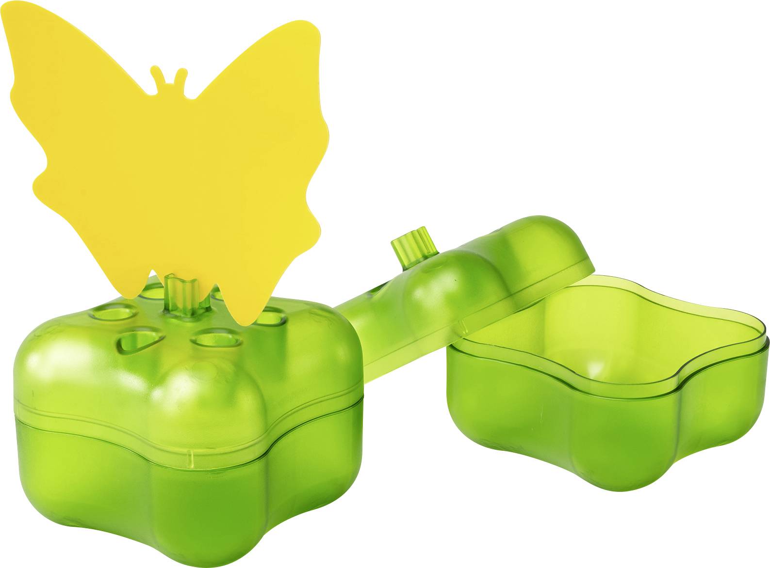 Groen vlindervormig plastic gietstuk met een fel geel vlindervormig uitsteeksel erboven, weergegeven in geopende staat met het deksel gescheiden van de basis.