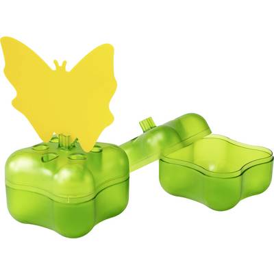 Groen vlindervormig plastic gietstuk met een fel geel vlindervormig uitsteeksel erboven, weergegeven in geopende staat met het deksel gescheiden van de basis.