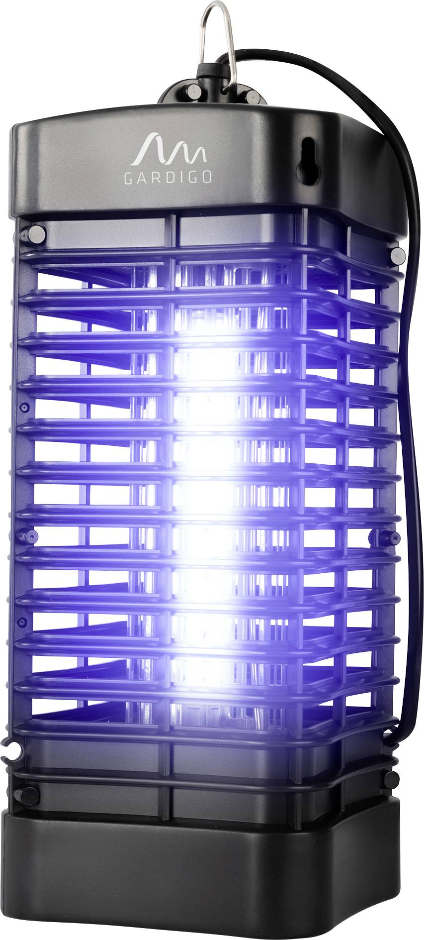Zwarte elektrische insectenvanger met gloeiend paars-blauw UV-licht binnenin een beschermend kooi, merk 'GARDIGO' bovenop.