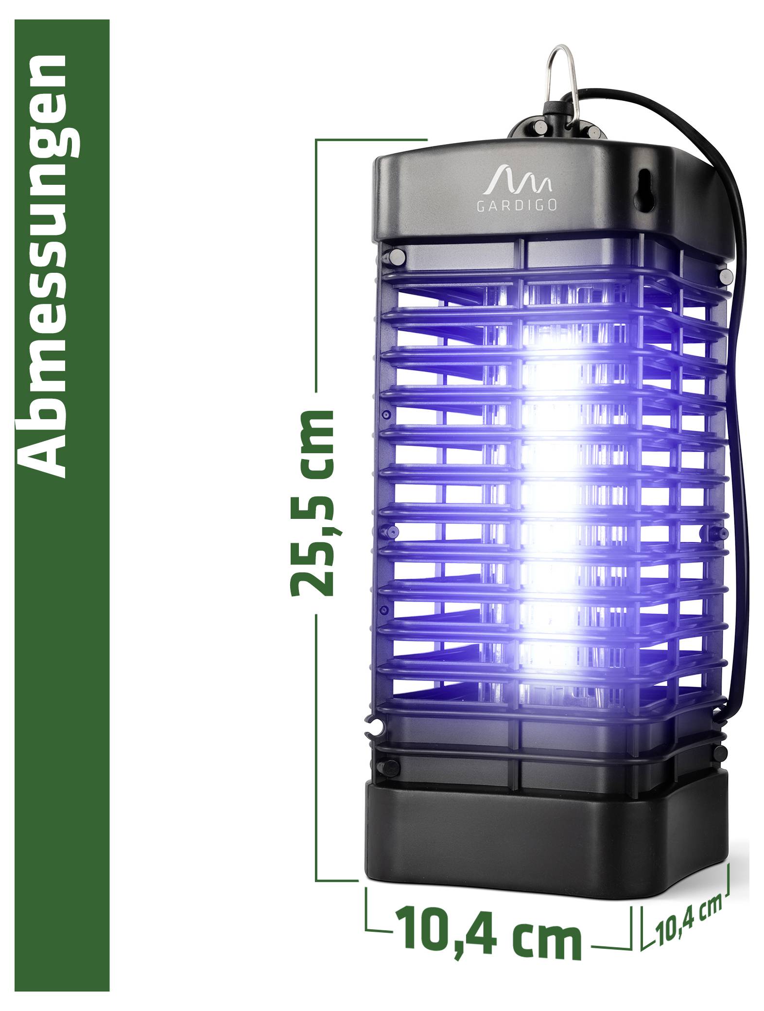 Elektrische insectenverdelger van Gardigo met afmetingen: 25,5 cm hoog en 10,4 cm breed en diep.