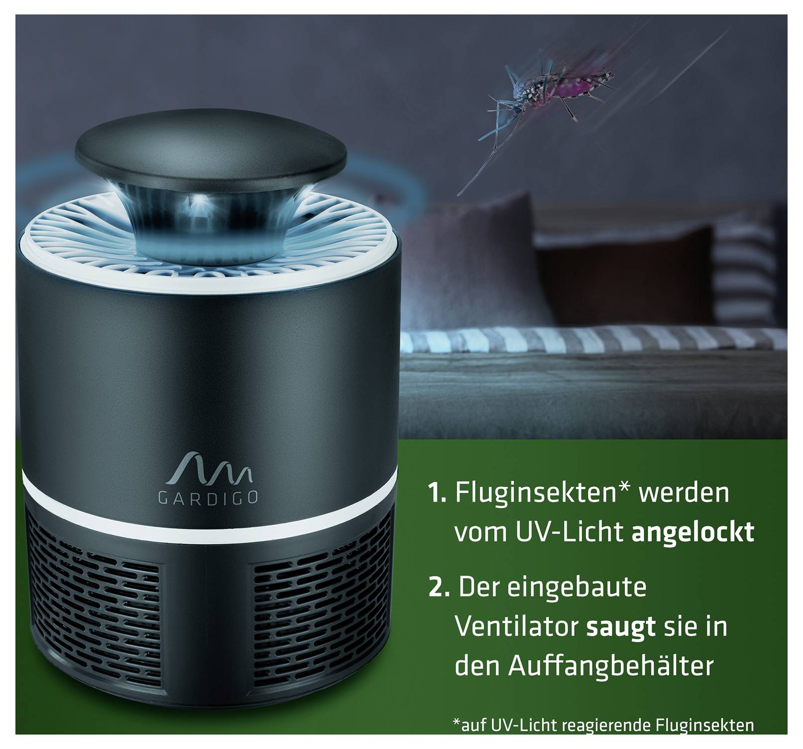 Advertentiefoto van een Gardigo-insectenvangapparaat: UV-licht trekt vliegende insecten aan, de ventilator zuigt ze in de opvangbak.