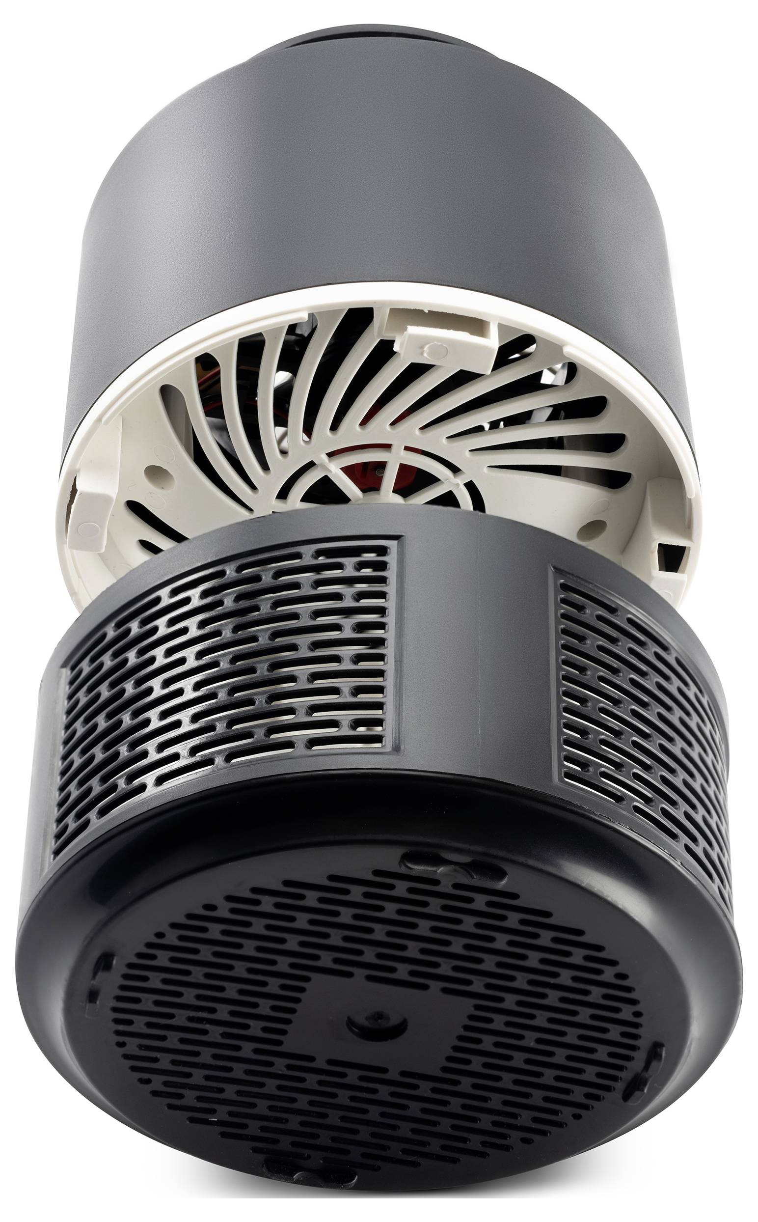 Vergroting van een cilindrisch grijs en zwart plafond-gemonteerd apparaat met gesloten ventilatieopeningen, waarschijnlijk een luchtreiniger of luidspreker.