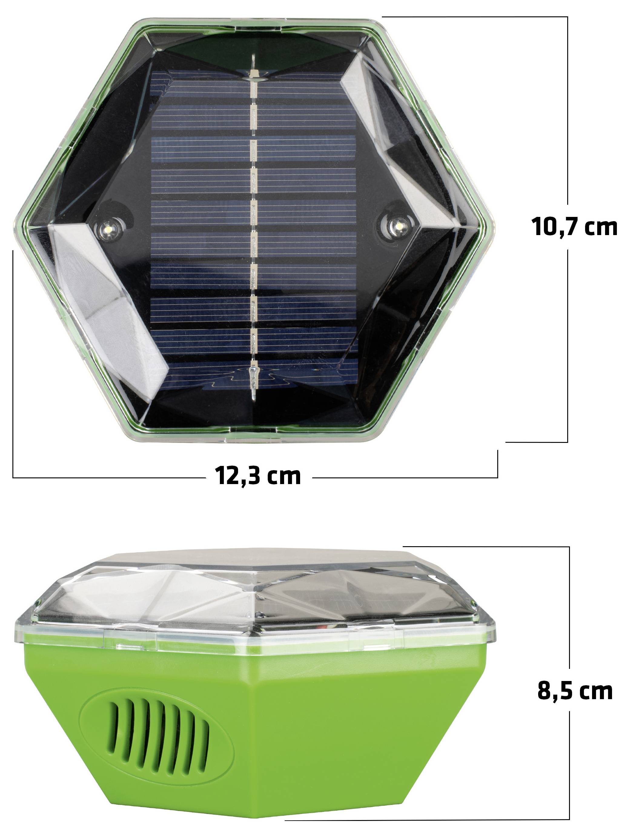 Op zonne-energie werkende zeshoekige tuinlamp weergegeven van boven en van opzij, met afmetingen 12,3 cm breed, 10,7 cm hoog en 8,5 cm hoog.