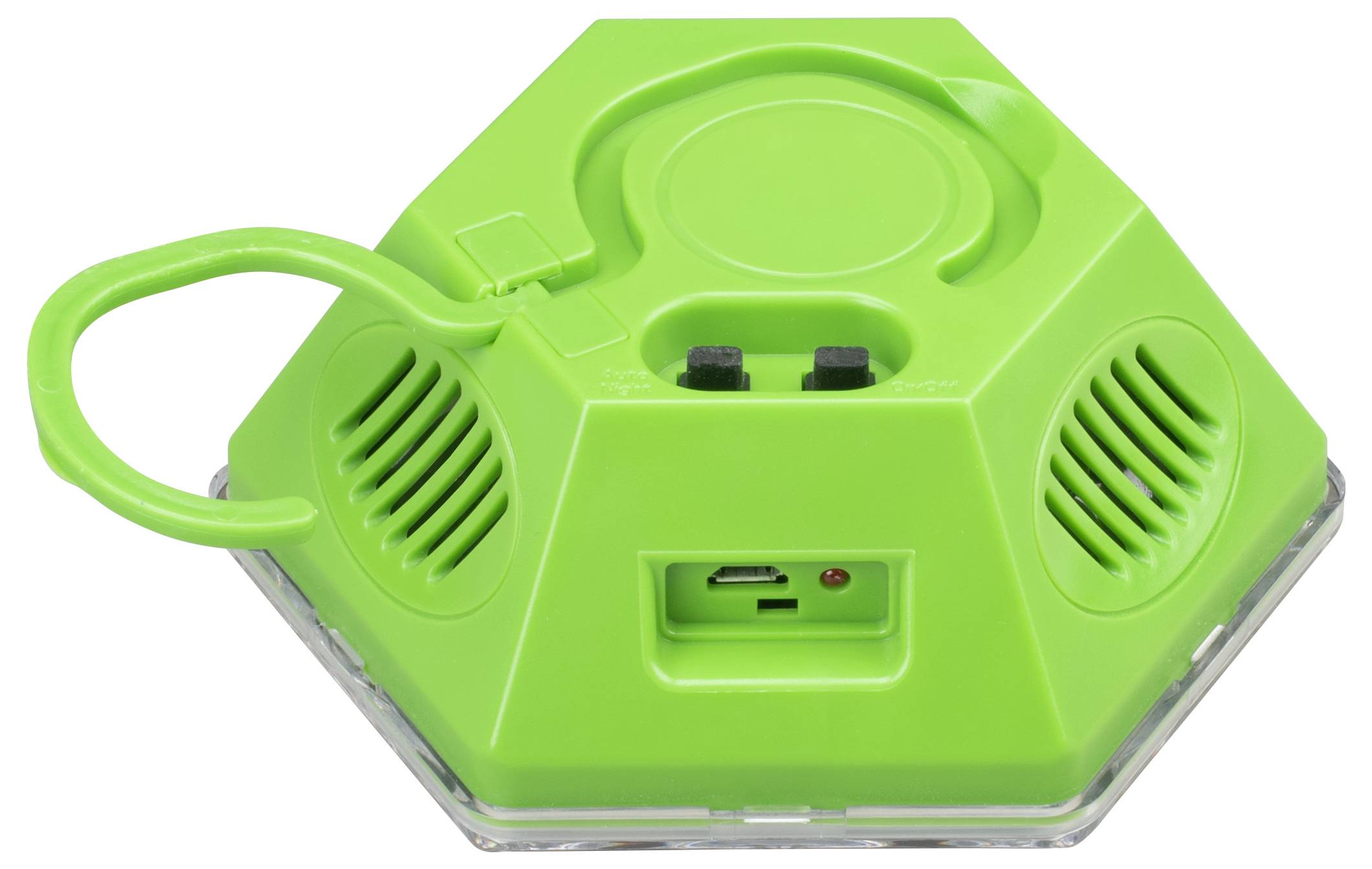Groene zeshoekige draagbare luidspreker met handvat, dubbele zijde roosters en een USB/SD-kaartpoort aan de voorkant.