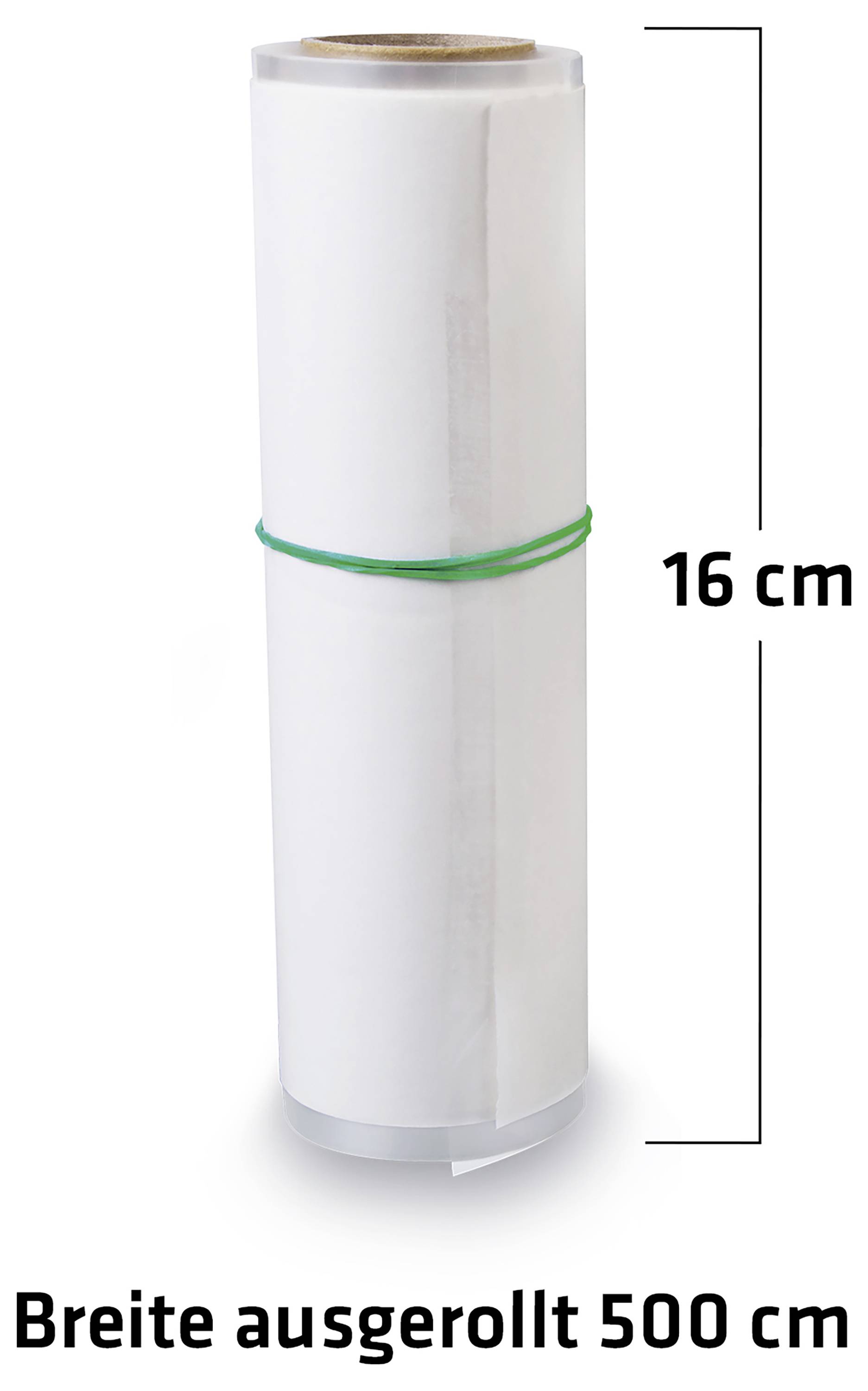 Witte papierol, 16 cm hoog, met een opengerolde breedte van 500 cm, weergegeven met een groene band in het midden.
