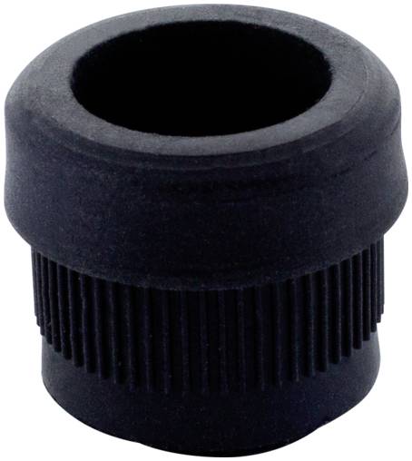 Zwarte rubberen borgring of bushing met een flens bovenkant en geriffelde zijkanten, weergegeven op een witte achtergrond.