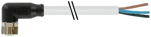 Haakse kabelconnector met een zwarte stekker, witte schede gemarkeerd door twee zwarte slashes, en zichtbare blauwe, groenblauwe en bruine draden.