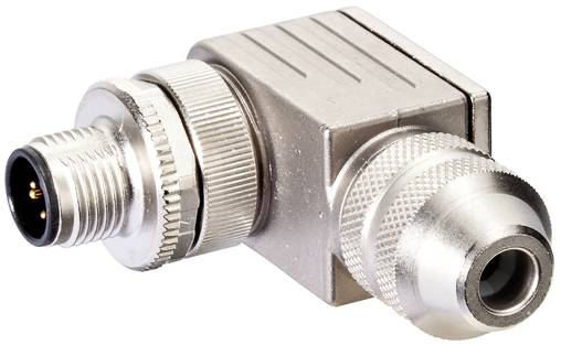Close-up van een zilveren metalen hoekige connectoradapter met schroefdraaduiteindes en geribbelde handvaten op een witte achtergrond.