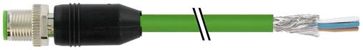 Groene kabel met een metalen connector aan het ene uiteinde en blootgestelde gevlochten draden aan het andere uiteinde, gemarkeerd met twee zwarte diagonale strepen.