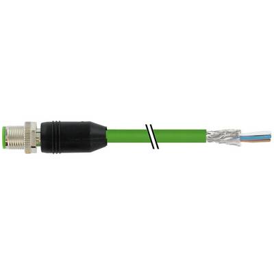 Groene kabel met een metalen connector aan het ene uiteinde en blootgestelde gevlochten draden aan het andere uiteinde, gemarkeerd met twee zwarte diagonale strepen.