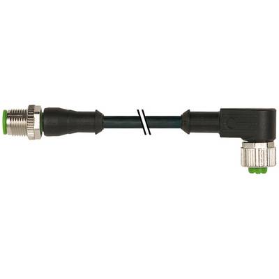 Industriële sensorkabel met rechte hoek met draadgewindde metalen connector aan één zijde en een zwarte stekker aan de andere zijde, afgebeeld tegen een witte achtergrond.