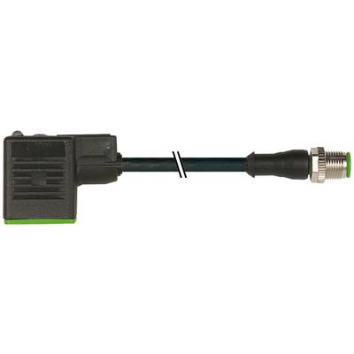 Zwarte rechthoekige connector met een kabel eindigend in een schroefbare metalen plug op een witte achtergrond, met een gebroken sectie in het midden.
