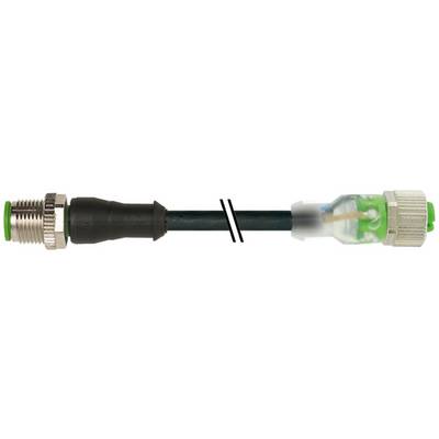 Close-up van een kabel met metalen connectoren aan beide uiteinden en een zwart geïsoleerd midden, met een snede of breuk in het midden.