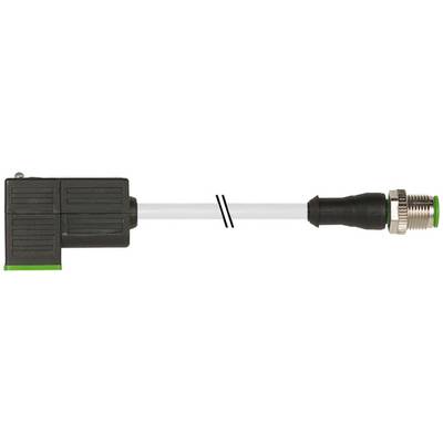 Een zwarte kabel met een connector aan de linkerkant en een draadschroefstuk aan de rechterkant, gescheiden door een gemarkeerde breuk in het midden.