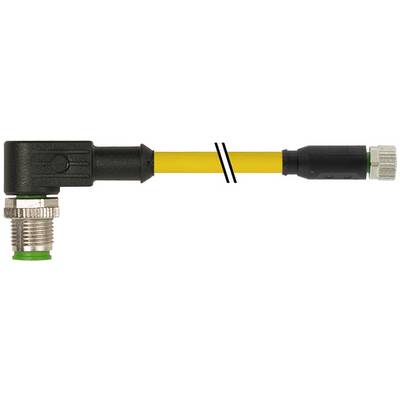 Rechtwinkelige connector bevestigd aan een gele kabel met een zwarte koppelaansluiting en een schroefdraad metalen fitting op een witte achtergrond.