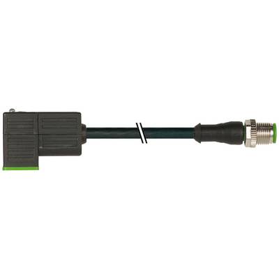 Zwarte kabel met een rechthoekige connector aan het ene uiteinde en een metalen draadschroefsteker aan het andere uiteinde, afgebeeld op een witte achtergrond.