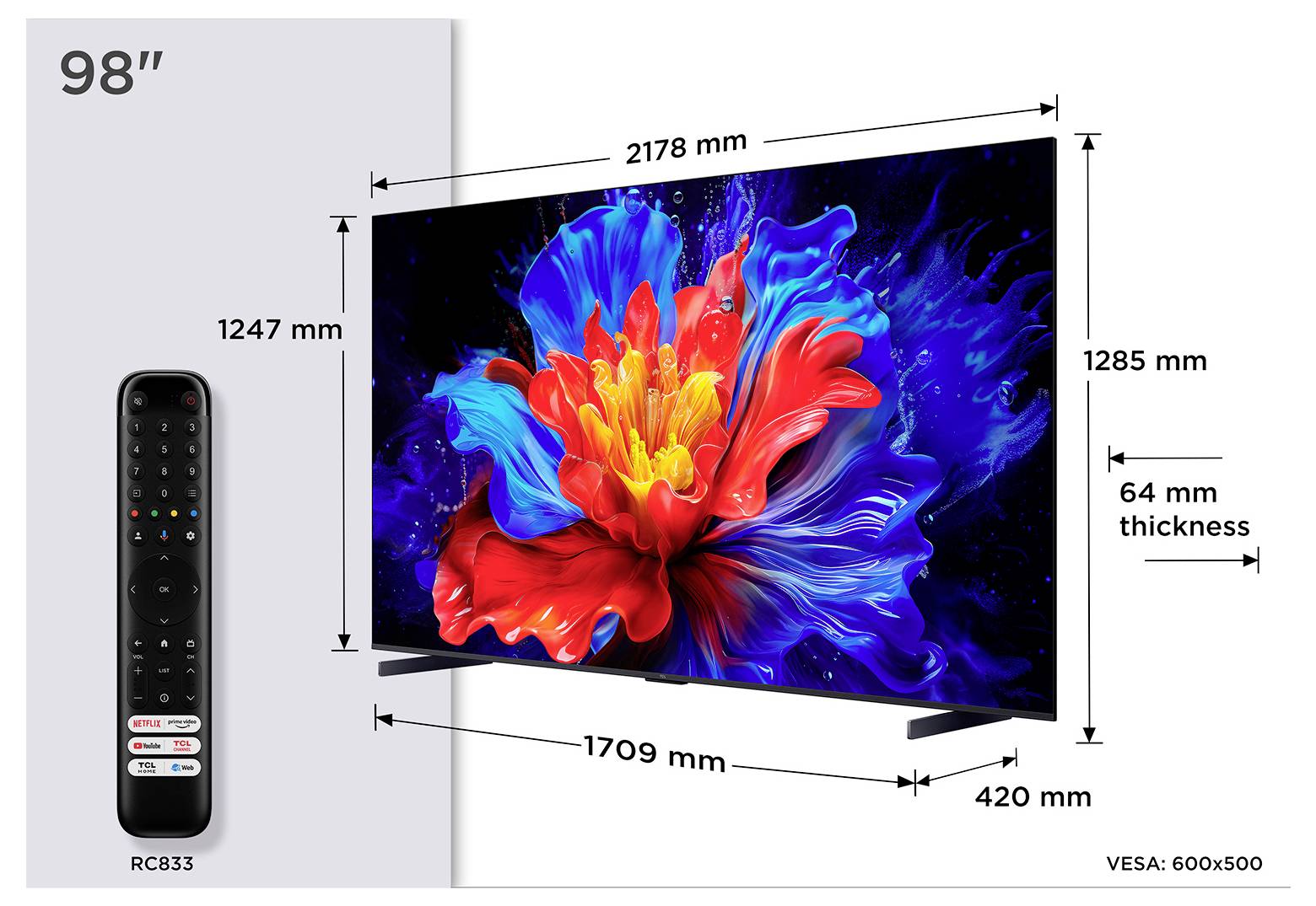 98-inch tv-afmetingendiagram met afstandsbediening; scherm meet 2178 mm breed bij 1285 mm hoog, standaard diepte 420 mm, dikte 64 mm, VESA 600x500.