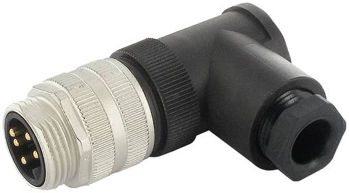 Rechthoekige zwart-zilveren ronde elektrische connector met goudcontacten, afgebeeld op een witte achtergrond.