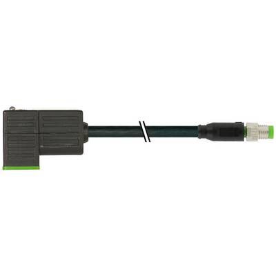 Zwarte kabel met een grote rechthoekige connector aan de linkerkant en een kleinere schroefdraad connector met een groen lipje aan de rechterkant.