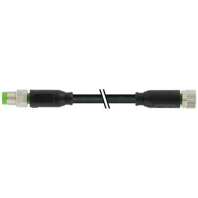 Een zwarte coaxiale kabel met metalen connectoren aan beide uiteinden, horizontaal weergegeven op een witte achtergrond.
