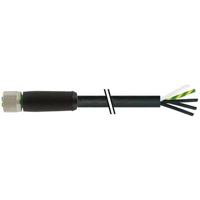 Glasvezelkabel met zwarte buitenmantel, blootgestelde binnendraden aan het gesneden uiteinde en een metalen connector aan de linkerkant.