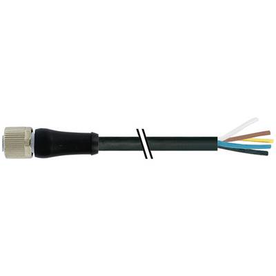 Kabel met zwarte mantel en blootgestelde veelkleurige draden aan de rechterkant, verbonden met een metalen koppeling aan de linkerkant.