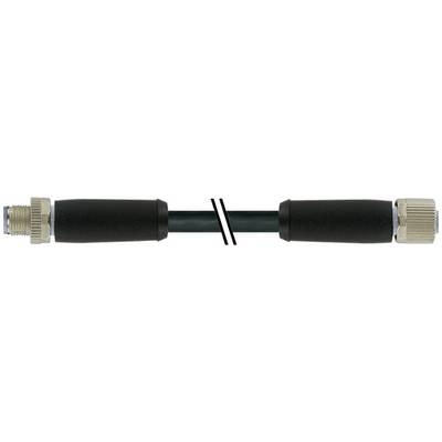 Een zwarte kabel met twee grote zwarte krimpkous-secties en metalen schroefdraadconnectoren aan beide uiteinden.