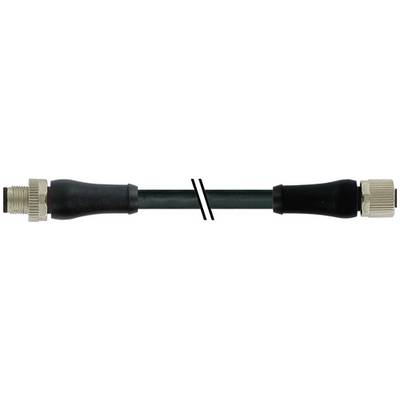 Zwarte coaxiale kabel met metalen connectoren aan beide uiteinden en een witte dubbele schuine streep in het midden, wat een snede of onderbreking aangeeft.