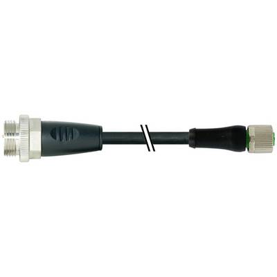 Zwarte coaxiale kabel met schroefdraad metalen connectoren aan beide uiteinden, tegen een witte achtergrond getoond.
