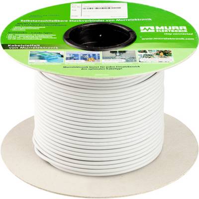 Een grote spoel met witte kabel of buis met een groen Murrelektronik-etiket op top.