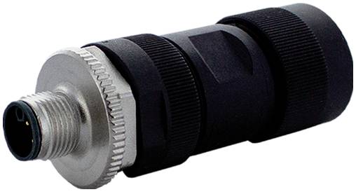 Close-up van een zwart-zilveren kabelconnector met schroefdraad op een witte achtergrond.