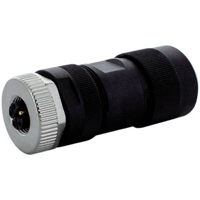 Zwarte cilindrische elektrische connector met een zilveren schroefdraad eindkap, weergegeven op een witte achtergrond.