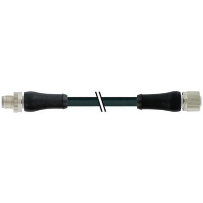 Close-up van een zwarte kabel met metalen connectoren aan beide uiteinden, verbonden in het midden door twee diagonale witte strepen.