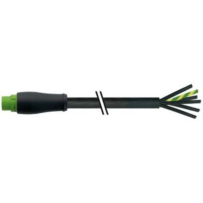 Close-up van een zwarte kabel met een groene connector aan de linkerkant en blootgestelde draadstrengels die aan de rechterkant uitwaaieren.