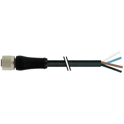 Glasvezelkabel met een connector aan de linkerkant en drie blootliggende gekleurde draden aan de rechterkant, met een gesneden gedeelte in het midden