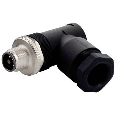 Haaks zwarte kabelconnector met een zilveren schroefdraad metalen stekker aan het ene uiteinde en een zeskantdop-voorziene socketuiteinde op een witte achtergrond