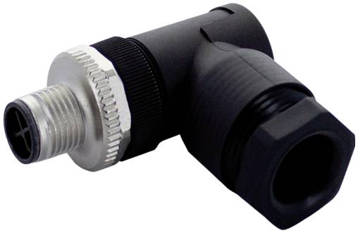 Hoekige zwarte ronde connector met een zilveren schroefdraad metalen uiteinde, weergegeven op een witte achtergrond.