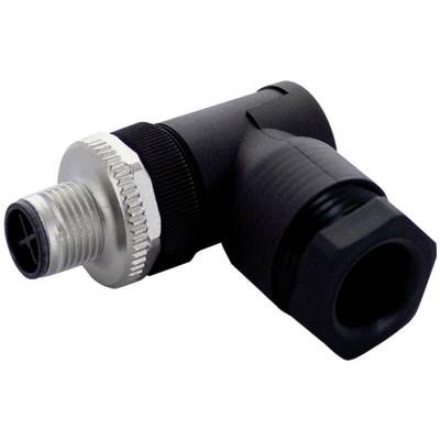 Hoekige zwarte ronde connector met een zilveren schroefdraad metalen uiteinde, weergegeven op een witte achtergrond.