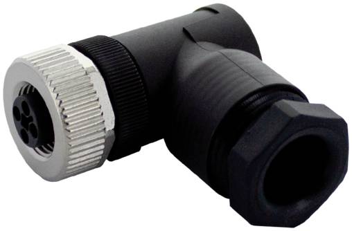 Rechtwinkelige zwarte kabelconnector met zilveren gegroefde koppelingmoer op een witte achtergrond.