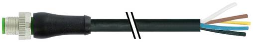 Gesplitste zwarte kabel met een metalen connector aan de linkerkant en vier blootliggende gekleurde draden aan de rechterkant.