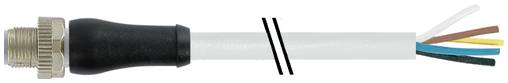 Glasvezelkabel met een metalen connector aan het ene uiteinde en blootgestelde gekleurde draden aan het andere uiteinde, met een zwarte breukmark in het midden.